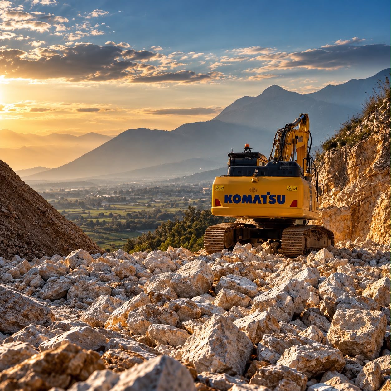 Escavatore al lavoro in cava G.P.R. Marmi a Coreno Ausonio, al tramonto