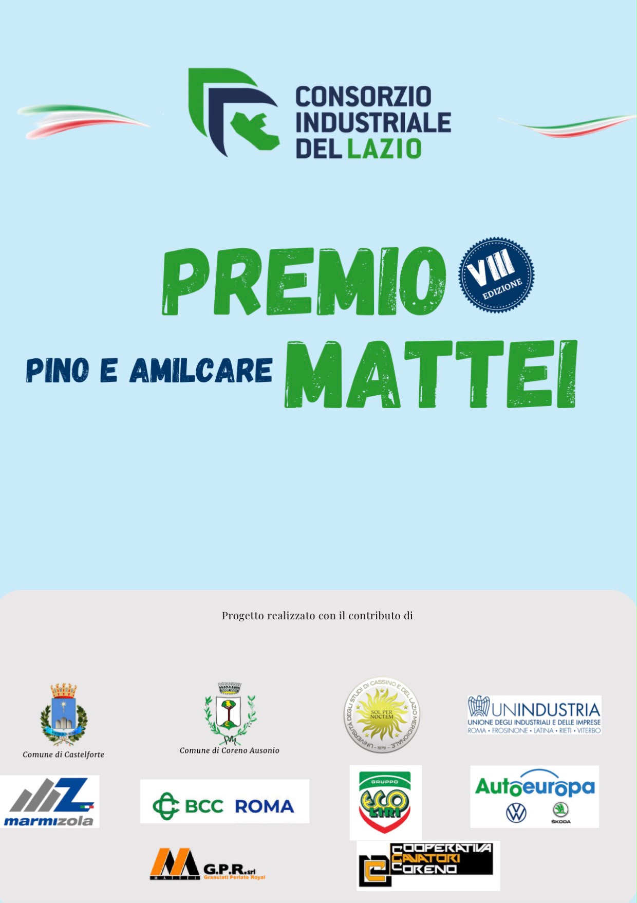 Poster for the 8th edition of the Pino and Amilcare Mattei Degree Award, with the logos of the organizations and businesses supporting the initiative